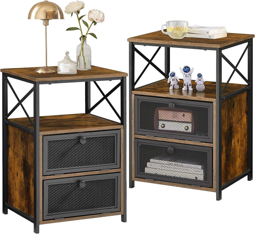VECELO End Side Table, Modern Night Stand with Storage Space and Door, Set of 2 Nightstands for Living Room,Bedroom,Lounge,Classic Brown