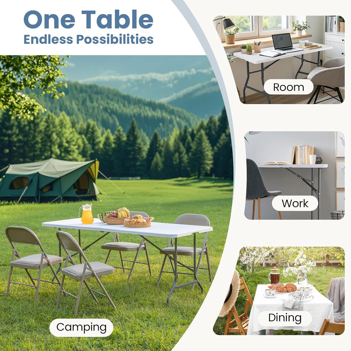 6 FT Folding Picnic Table Easy to Fold and Store, Foldable Table for Camping Picnic Dining Party Kitchen Outdoor Indoor with Carrying Handle, White