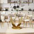 47.2" Round Glass Dining Table Set for 4, Modern Kitchen Table with 4 Upholstered Velvet Chairs, Tempered Glass Top with Golden Steel Base, 5 Pieces Dining Table Set for Small Space - Beige