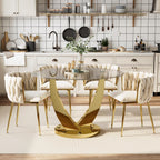 47.2" Round Glass Dining Table Set for 4, Modern Kitchen Table with 4 Upholstered Velvet Chairs, Tempered Glass Top with Golden Steel Base, 5 Pieces Dining Table Set for Small Space - Beige