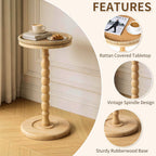 Rattan Round Side Table, Rubberwood‌ Small Drink Table for Small Spaces, Solid Wood Pedestal Coffee Tables, End Tables for Living Room, Sofa Couch, Bedroom, Corners, and Outdoor (Natural)