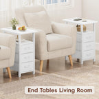 Vagusicc White End Table with Charging Station, Narrow Side Table, Narrow Nightstand with 3 Fabric Drawers, Slim Sofa Side Table for Small Spaces, Small Night Stand for Bedroom, White