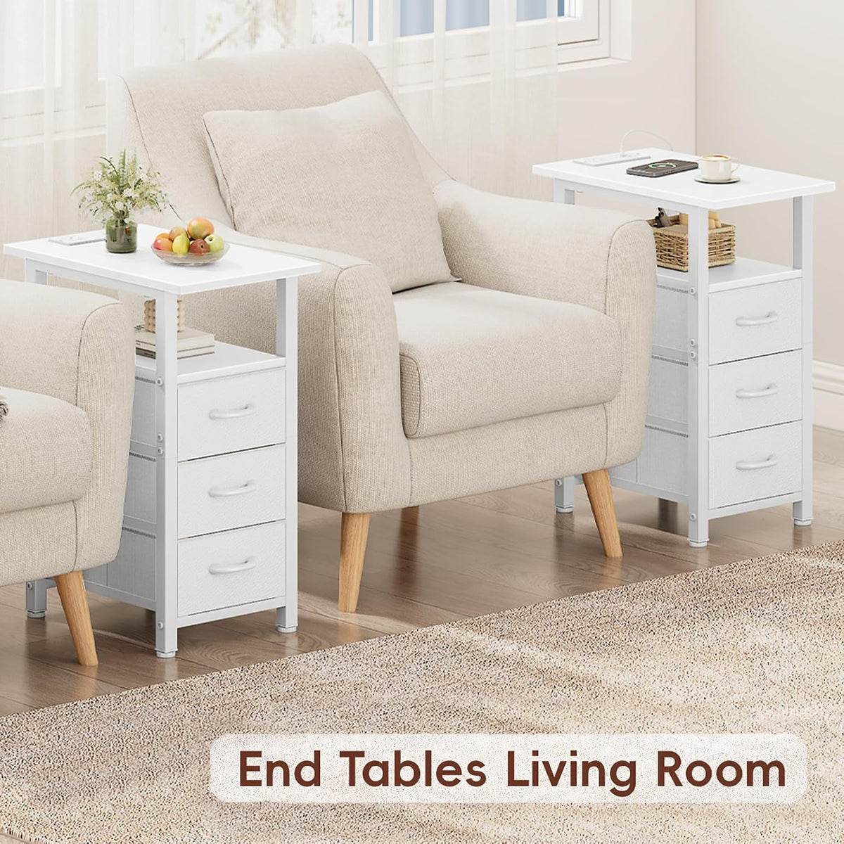 Vagusicc White End Table with Charging Station, Narrow Side Table, Narrow Nightstand with 3 Fabric Drawers, Slim Sofa Side Table for Small Spaces, Small Night Stand for Bedroom, White