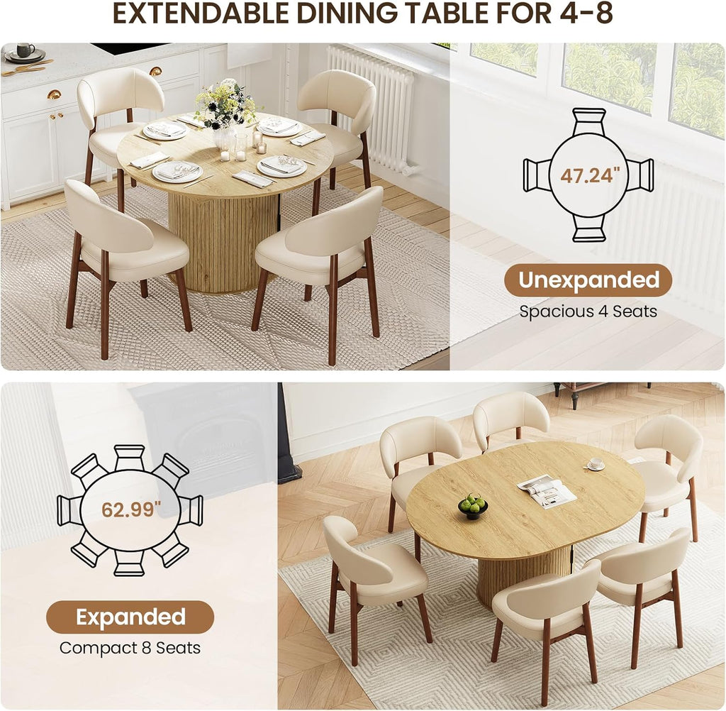 MALOL 47"-63" Extendable Round to Oval Dining Table Chairs Set for 4-8, Modern Wooden Kitchen Table and Chairs with Hidden Storage and Fluted Design for Dining Room/Small Space(Natural Wood and Brown)