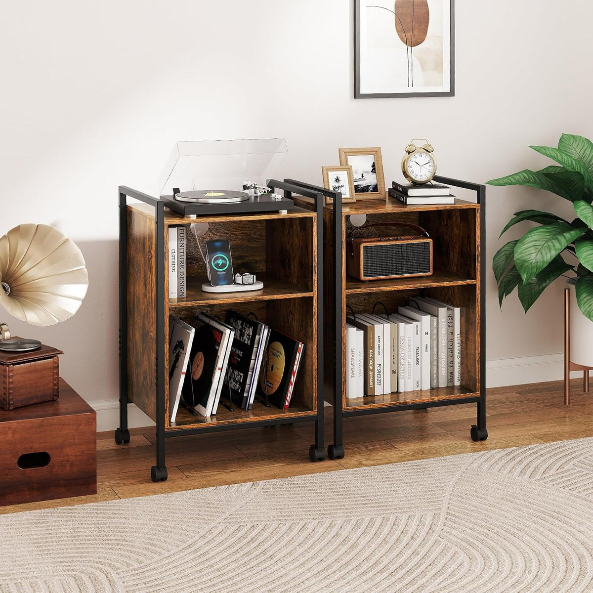 LOKO Record Player Stand with Charging Station, 3-Tier Vinyl Turntable Stand On Wheels with Open Shelves, Metal Dividers, Industrial End Table Turntable Holder for Bedroom, Living Room