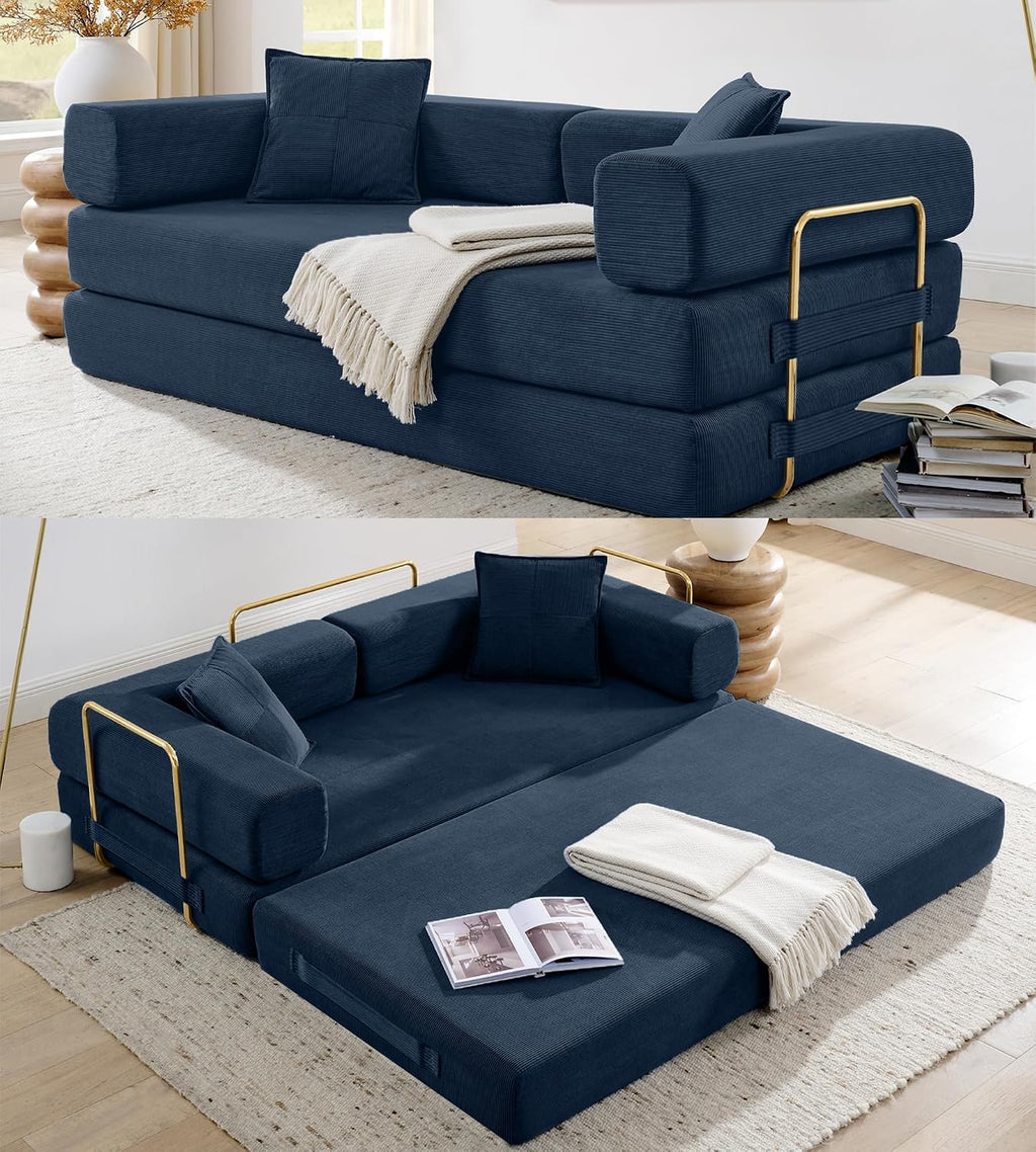 ivoros 78" Convertible Sleeper Sofa Bed, Corduroy Folding Sofa Bed with Fixed-Shape Frame, Fold Out Floor Mattress Couch, Lazy Compression Sofas for Living Room, Bedroom, No Assembly Required, Blue