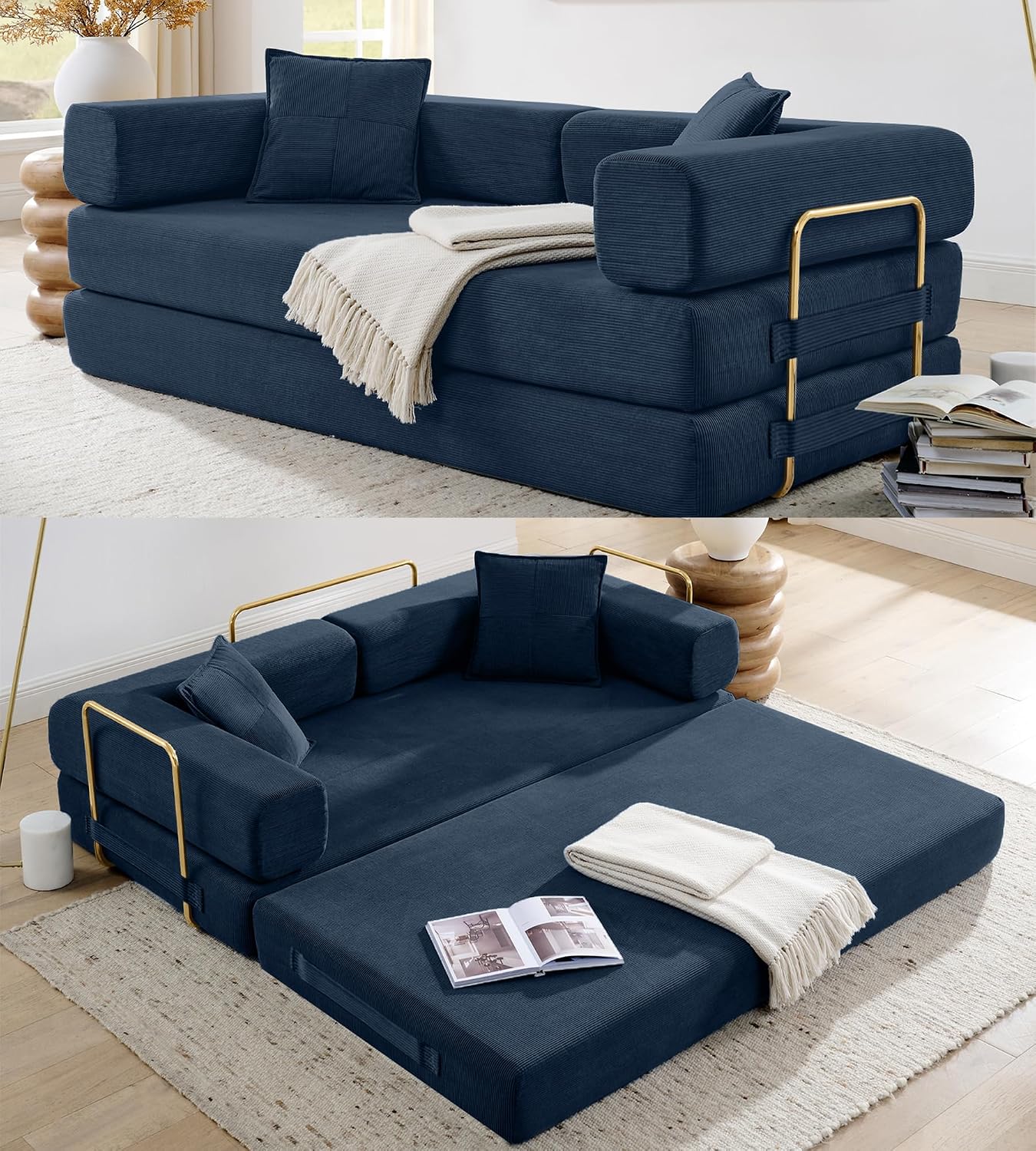 ivoros 78" Convertible Sleeper Sofa Bed, Corduroy Folding Sofa Bed with Fixed-Shape Frame, Fold Out Floor Mattress Couch, Lazy Compression Sofas for Living Room, Bedroom, No Assembly Required, Blue