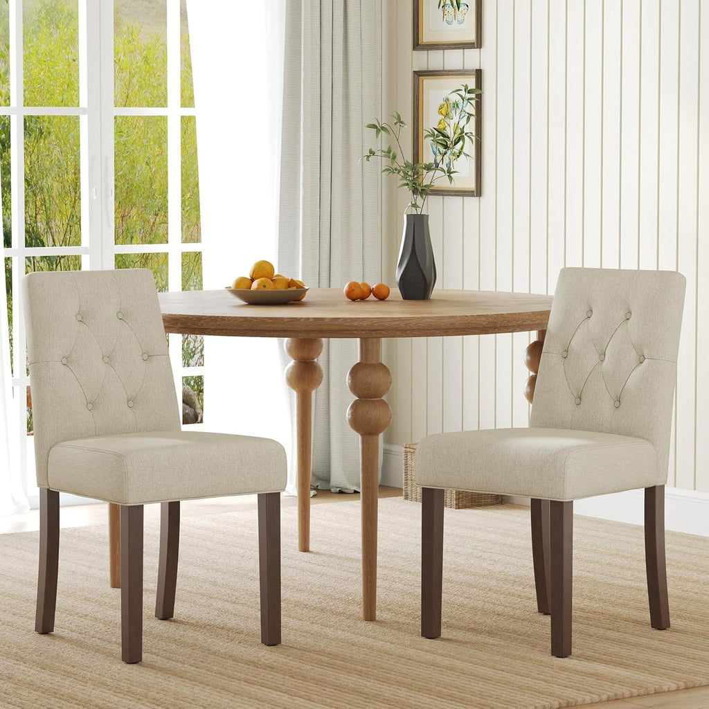Upholstered Dining Chairs Set of 2, Modern Fabric Dining Chairs with Tufted Design, Kitchen Side Chairs, Farmhouse Dinner Chair with Wood Legs for Kitchen Restaurant Living Room, Beige