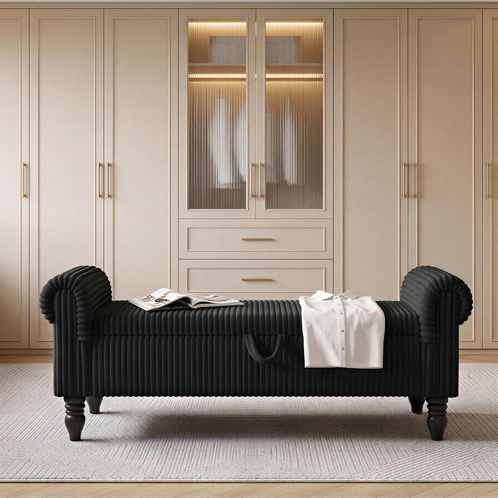55" Storage Ottoman Bench, Corduroy End of Bed Bench for Bedroom, Black | Upholstered Entryway Bench with Seating, Solid Wood Legs, Rolled Arm, for Bedroom Living Room Window Hallway, up to 285 lbs