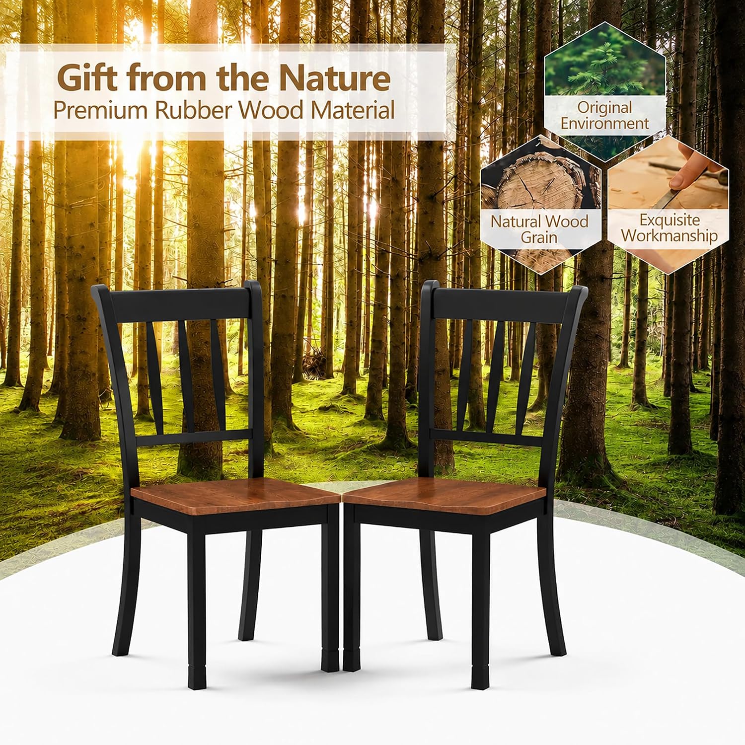 POWERSTONE Dining Chairs Set of 6, Rubberwood Kitchen Chairs, Black | Farmhouse Dining Chairs with W-Shaped Seat & Spindle High Back for Dining Room, Cafe, Canteen