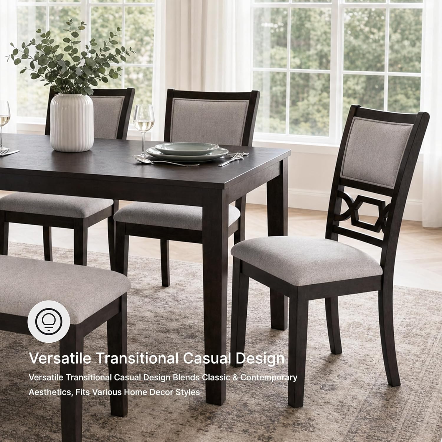 Signature Design by Ashley Langwest 6-Piece Dining Table Set with Bench | Seats up to 6, 60.38 in W dining table, Reverse diamond patterned veneer, Tapered legs, Light beige polyester fabric