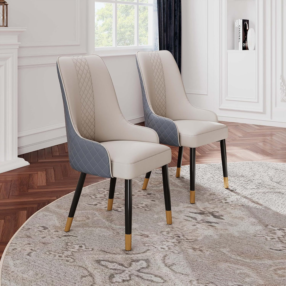 POVISON Dining Chairs Set of 6, Faux Leather Upholstered Bar Chairs with Metal Legs, Modern High-Back Side Chairs for Living Room, Pub, Coffee, Home, Kitchen (Grey)