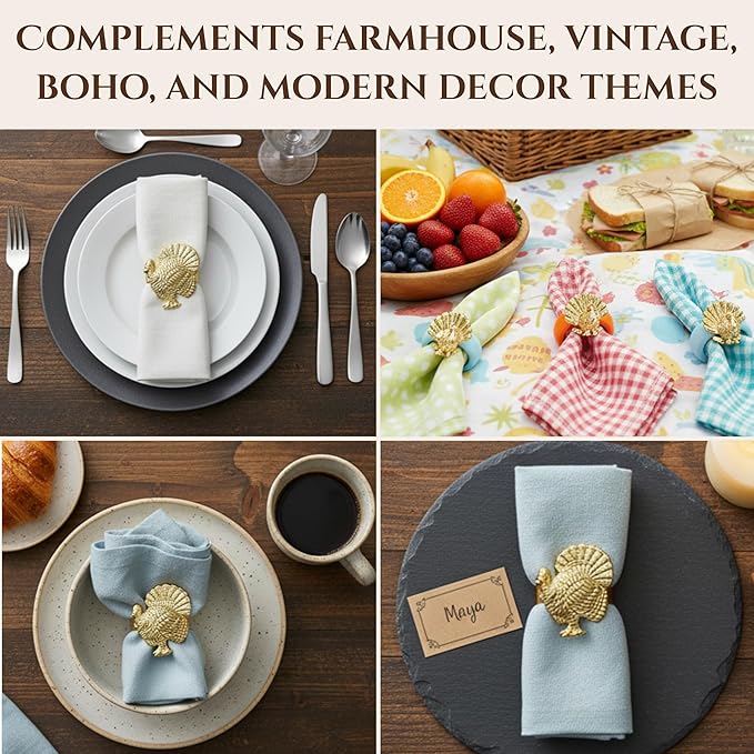 Set of 12 Turkey Napkin Rings for Thanksgiving Table Decor | Premium Metal Dinnerware Holders | Fall Harvest, Christmas & Holiday Banquet Accessories (Gold) - ALPHA Living HOME