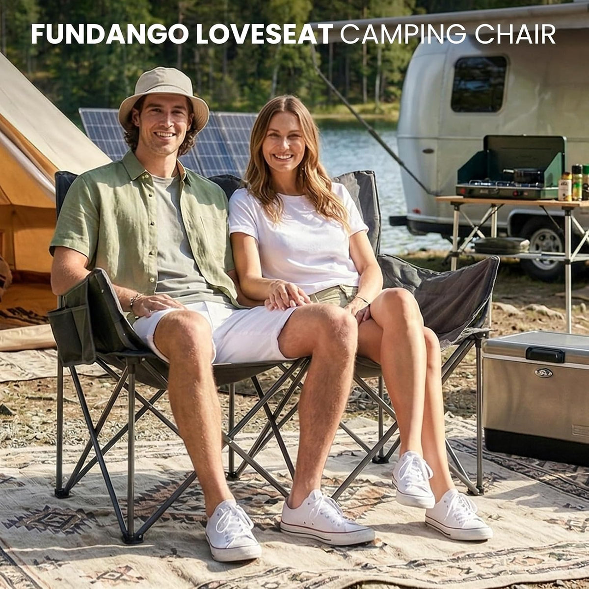 FUNDANGO Double Camping Chair, Oversized Padded Camping Loveseat for Adults, Heavy Duty Folding Camping Couch for 2 Person, Portable Outdoor Sofa with Cup Holders for Lawn, Sports, RV, Grey