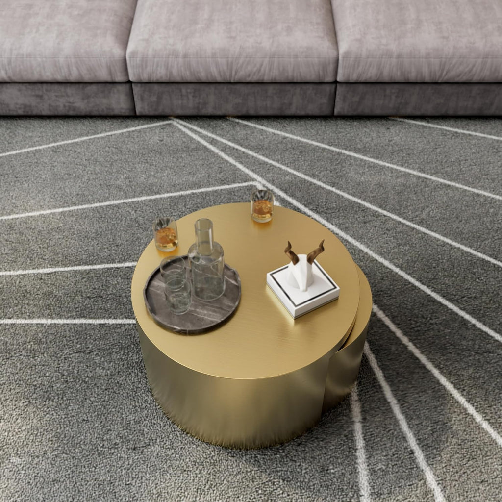 BQueen Round Nesting Coffee Table Set of 2, Brushed Gold Stainless Steel Modern Coffee Tables, 2 in 1 Space Saving Stackable Accent Tables for Living Room, Small Space Apartment