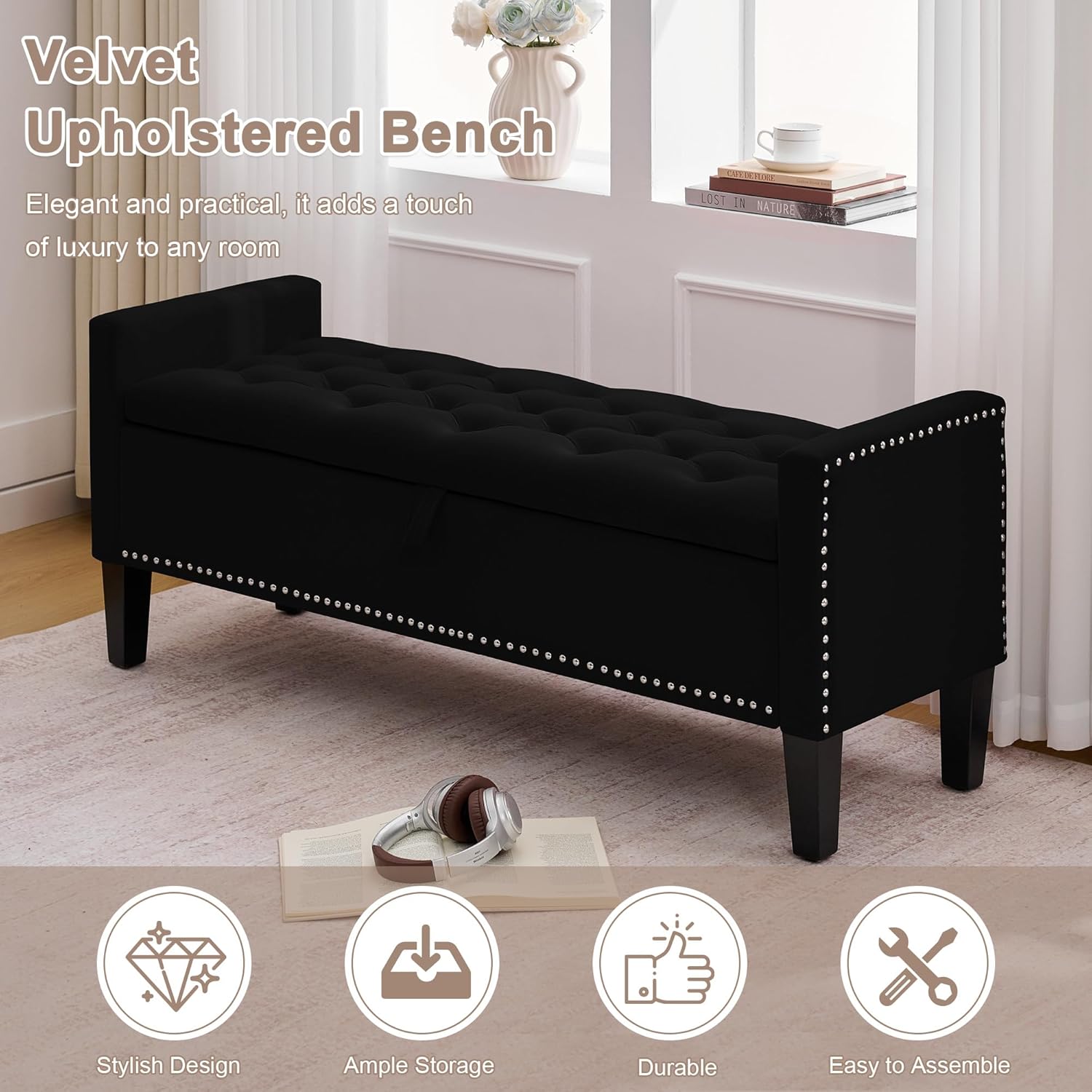 Storage Ottoman Bench, Velvet Upholstered Footstool for Bedroom and Living Room, Tufted Seat with Storage, Wooden Legs & Metal Rivets, Black