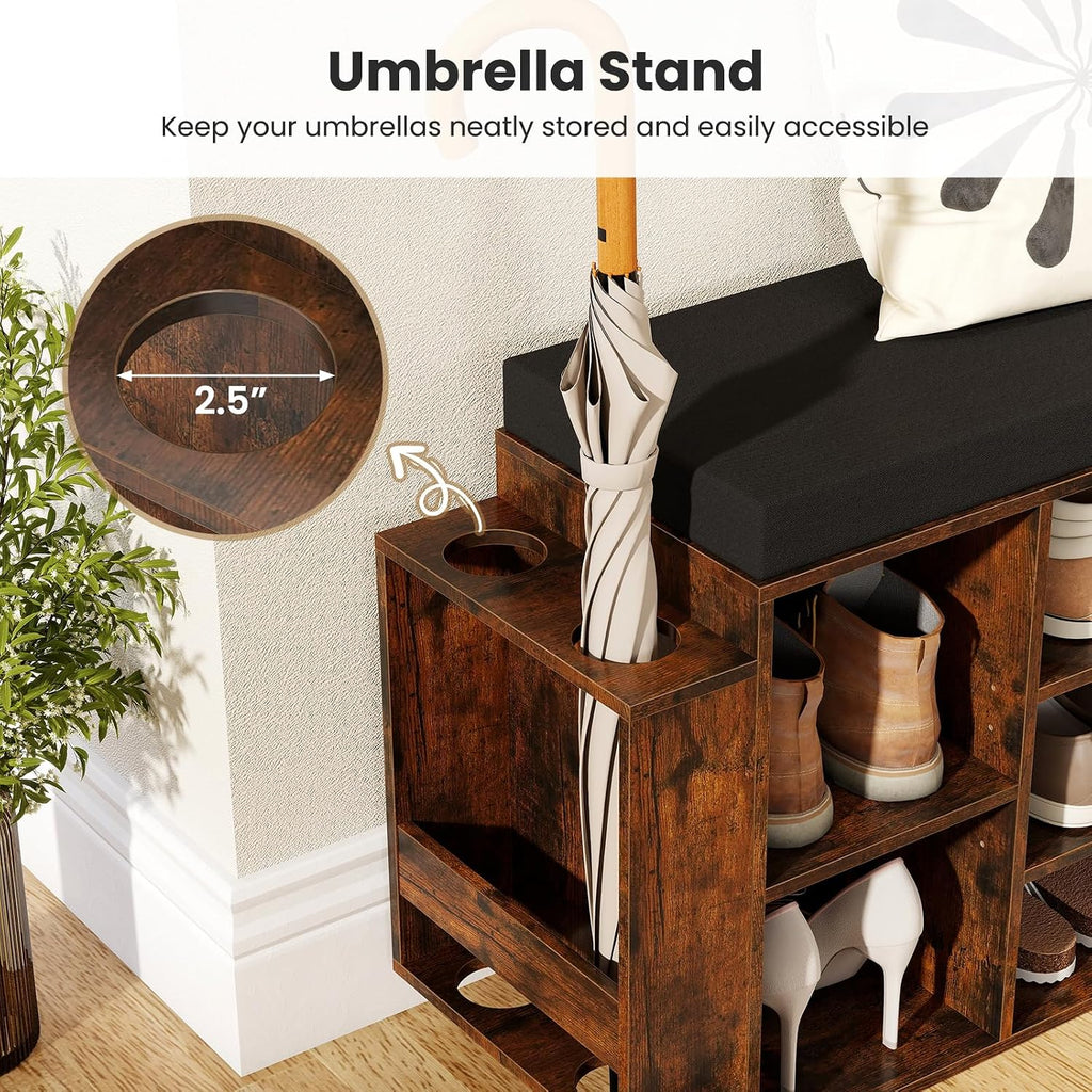 Giantex Shoe Storage Bench with Umbrella Stand, 10-Cubby Entryway Shoe Rack Organizer with Padded Seat, Adjustable & Removable Shelves for Hallway, Living Room & Bedroom (Rustic Brown)