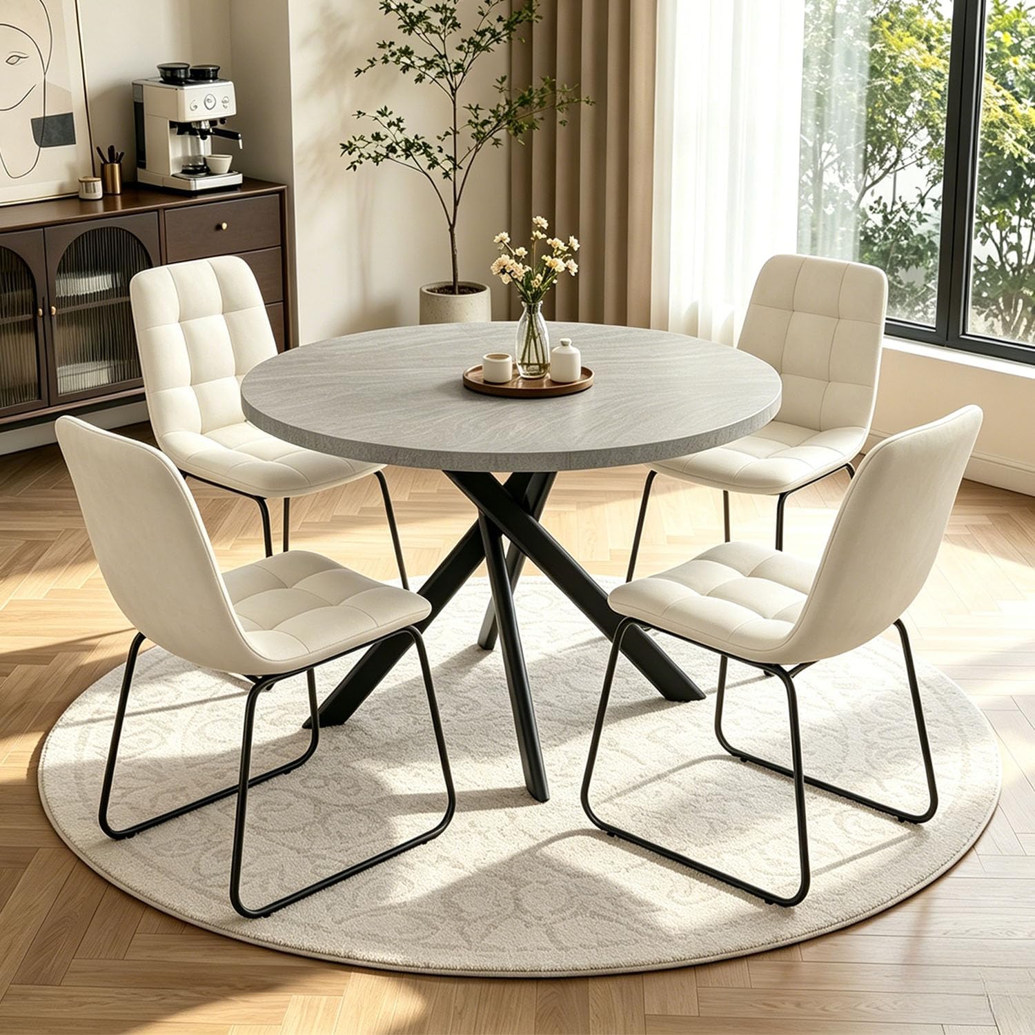 44" Round Dining Table Set for 4, Modern X-Shaped Metal Leg Table | Cushioned Cozy Beige Chairs of 4, Mid-Century Gray Tabletop, Dinette set for Kitchen, Dining Room & Apartments