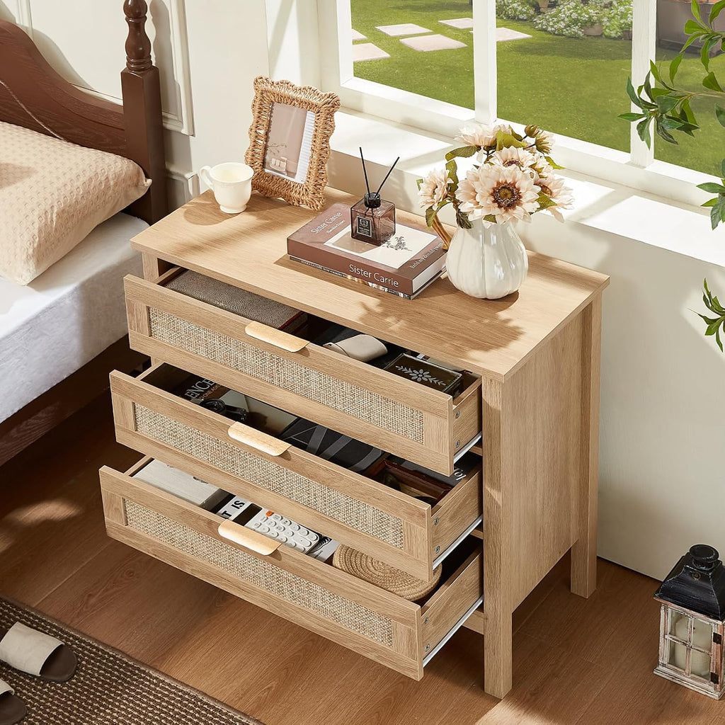 LEYAOYAO 31.5" Wide Rattan Nightstands Set of 2, Large Boho Night Stand | 3 Drawer Bedside Table with Storage, Tall Bed Side End Tables for Bedroom, Living Room, Hallway (Natural)