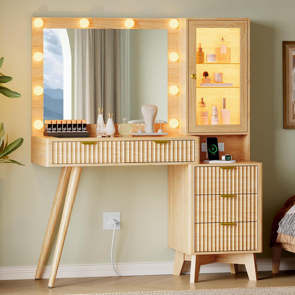 Xixini 45" Fluted Makeup Vanity Desk with Mirror & Lights, Oak