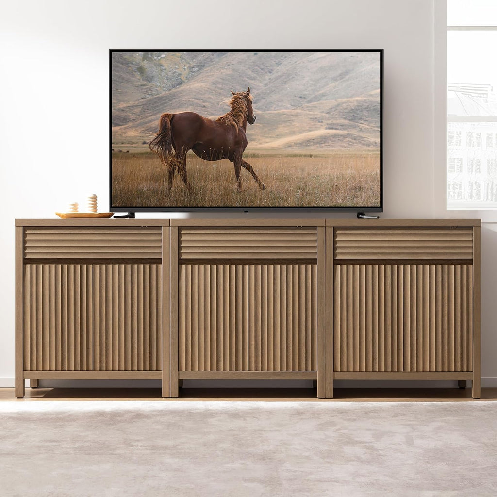 SICOTAS 87" Extra Large Buffet Cabinet with Storage, Modern Fluted Sideboard Cabinet with Drawers & Adjustable Shelves, Premium Credenza for Large Spaces, Reclaimed Caramel Oak, 3 PCS