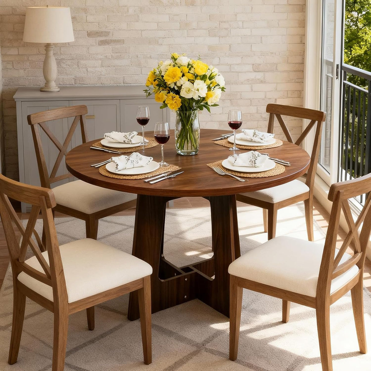 Round Dining Table for 4, 43.3" Kitchen Table for Dining Room, Circle Farmhouse Kitchen Table, Wood Dinner Table for Kitchen, Living Room, Apartment, Walnut Brown