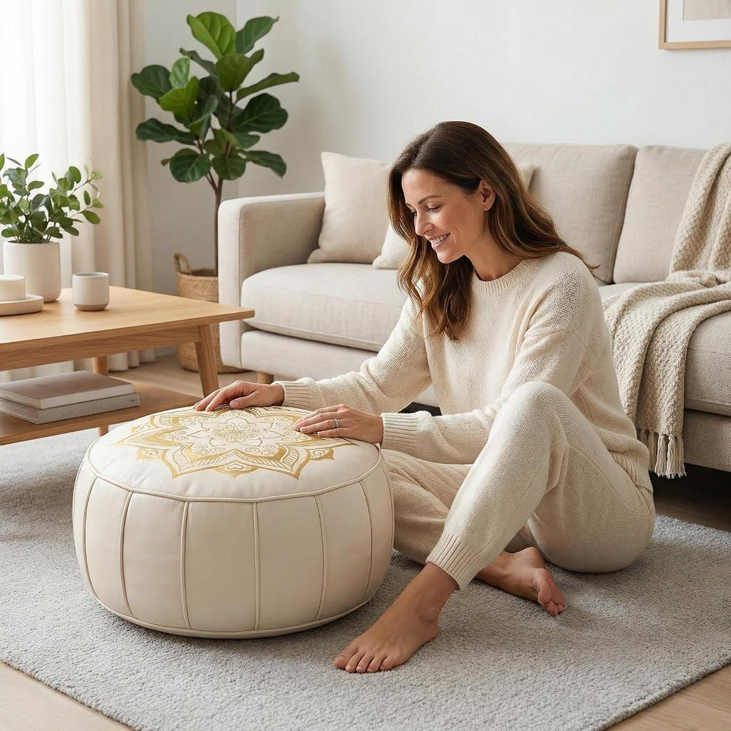 Round Pouf Cover, Premium Leather Ottoman Cover 19in / 48cm, Unstuffed Floor Pouf with Handcrafted Embroidery, Boho Footrest for Living Room, Meditation Cushion, Home Decor (Cream Beige)