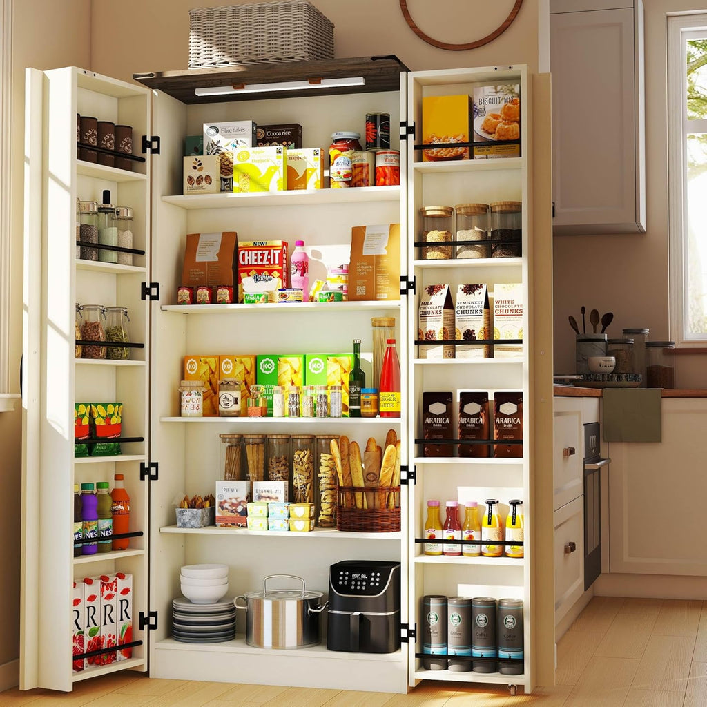 Tall Kitchen Pantry Cabinet, White Wood Storage Cabinet with 2 Doors | Food Pantry Cabinets for Kitchen Storage, Off White Wood Storage Cabinet, Farmhouse Cabinets with Freestanding Cupboard