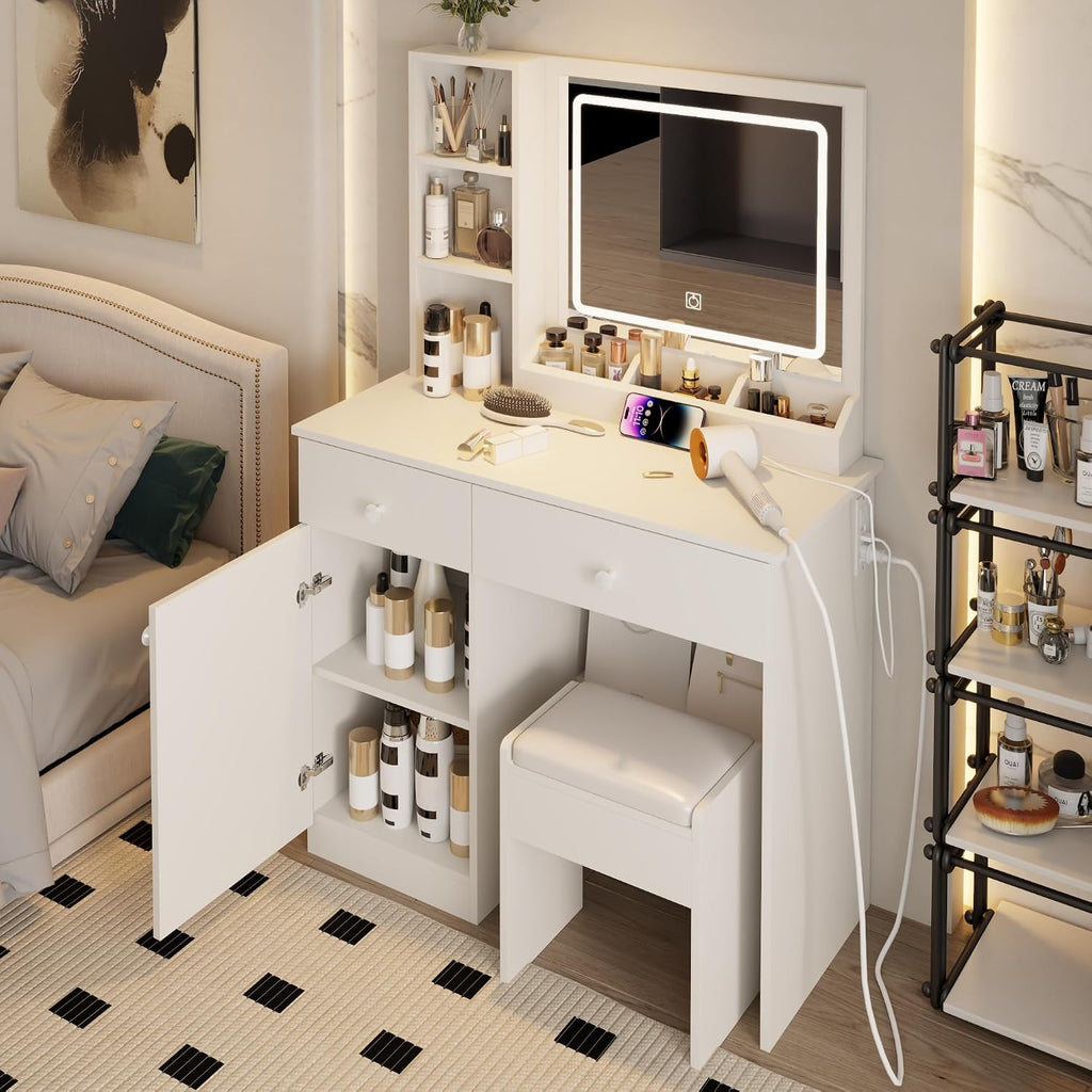 Vanity Set with Mirror and Stool and Lights, with Power Outlet,Dressing Table with Vanity Benches,for Girls Women with Storage Stool,for Bedroom with Chair (White)