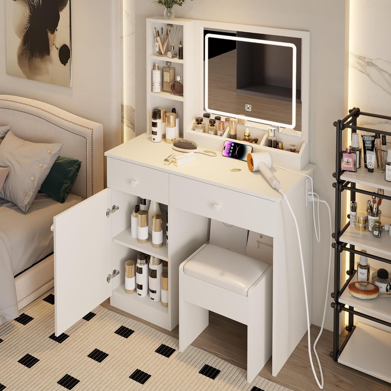 Vanity Set with Mirror and Stool and Lights, with Power Outlet,Dressing Table with Vanity Benches,for Girls Women with Storage Stool,for Bedroom with Chair (White)