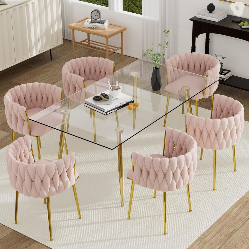7 Piece Modern Gold Dining Room Set, 63'' Luxury Minimalist Kitchen Table Set, 6 Person Clear Glass Top Rectangle Dinner Set with Pink Woven Dining Chair for Home Large Living Room