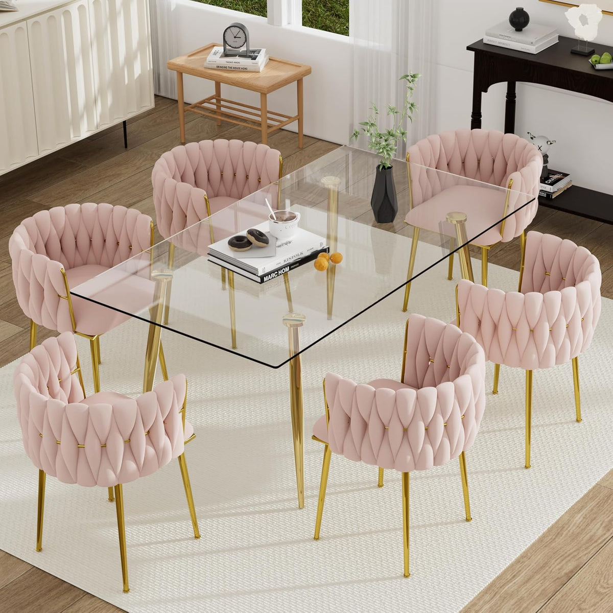 7 Piece Modern Gold Dining Room Set, 63'' Luxury Minimalist Kitchen Table Set, 6 Person Clear Glass Top Rectangle Dinner Set with Pink Woven Dining Chair for Home Large Living Room