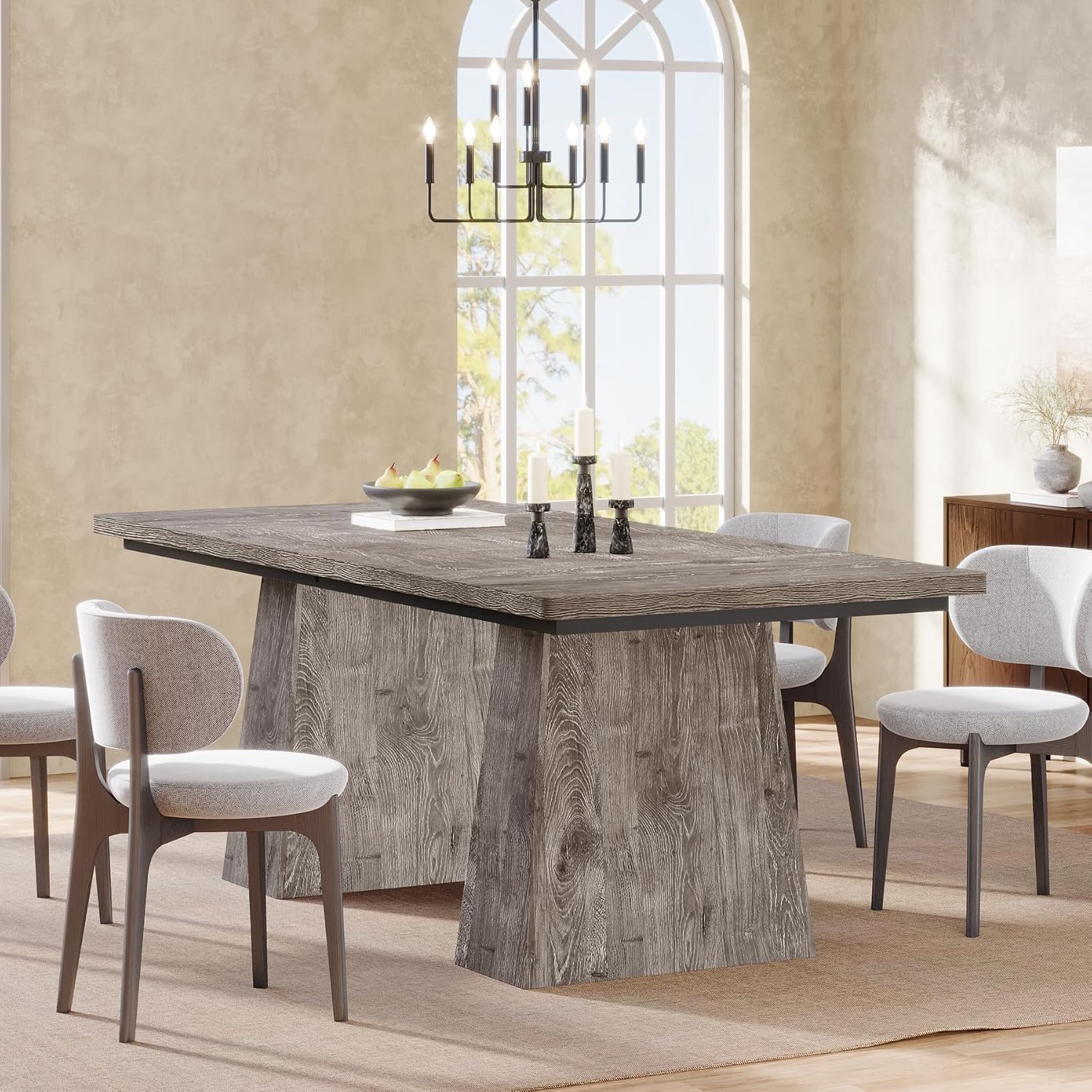 Tribesigns Dining Table for 6, Farmhouse Wood Dinner Rectangular Table Kitchen Table with Double Pedestal, 63" L x 31.5" W x 30" H, Grey