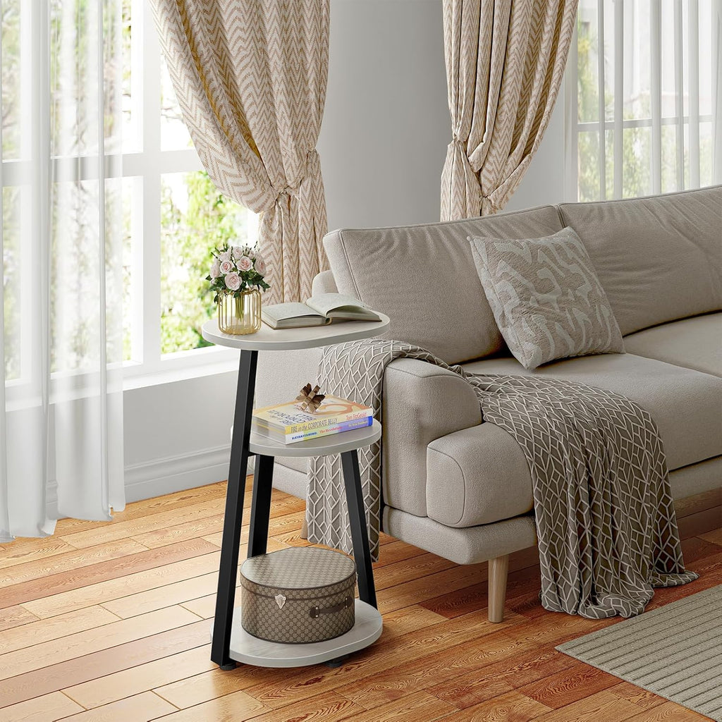 Kalrin Side Table, Small End Table with Metal Frame, 3-Tier Bedside Tables, Round Side Tables for Living Room Bedroom Couch Bathroom, Oval, White Maple
