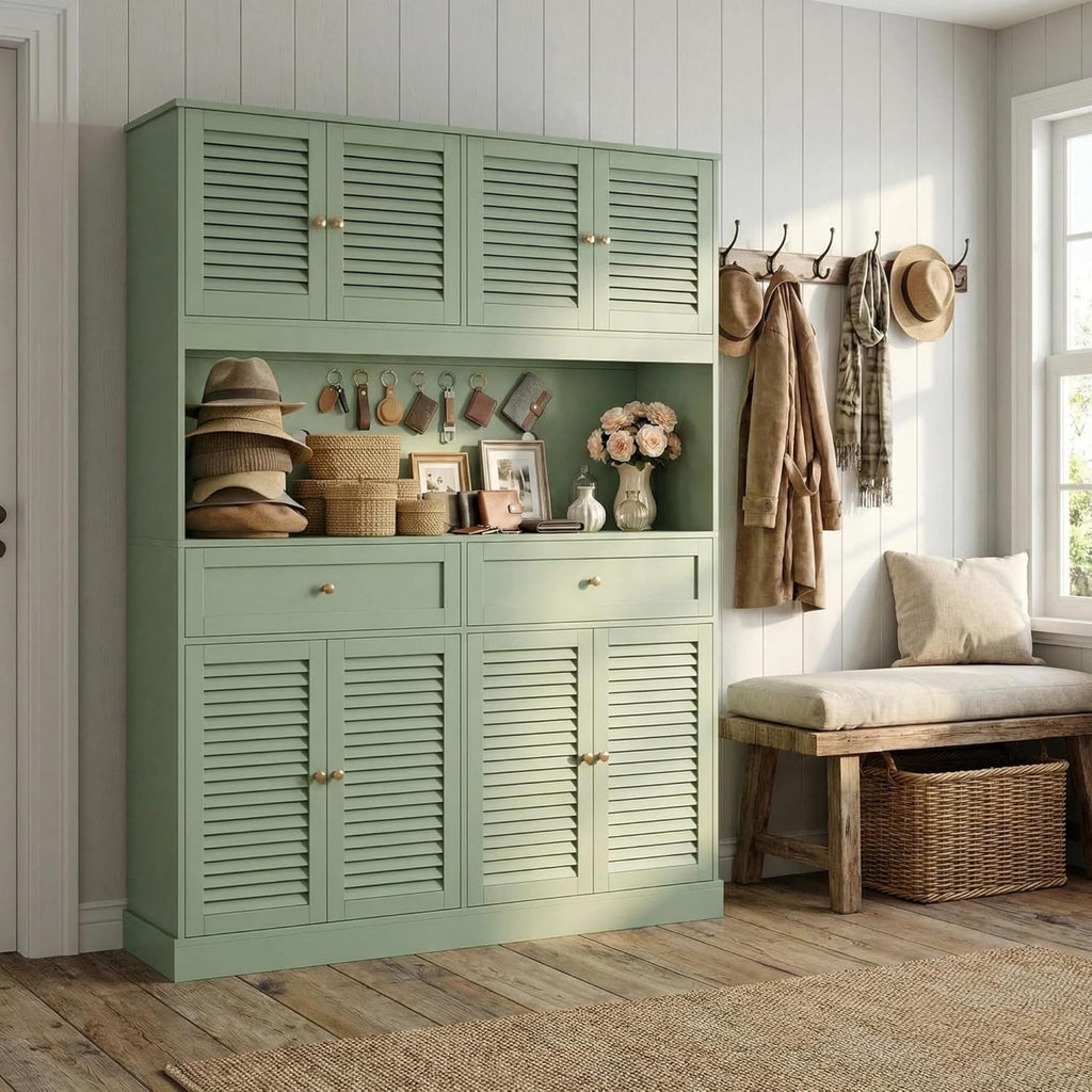 HIFIT 71“HX55“W Large Pantry Cabinet for Food Storage, Farmhouse Kitchen Hutch with Storage Drawers, Tall Kitchen Pantry Cabinet with Microwave Stand for Dining Living Room, Green