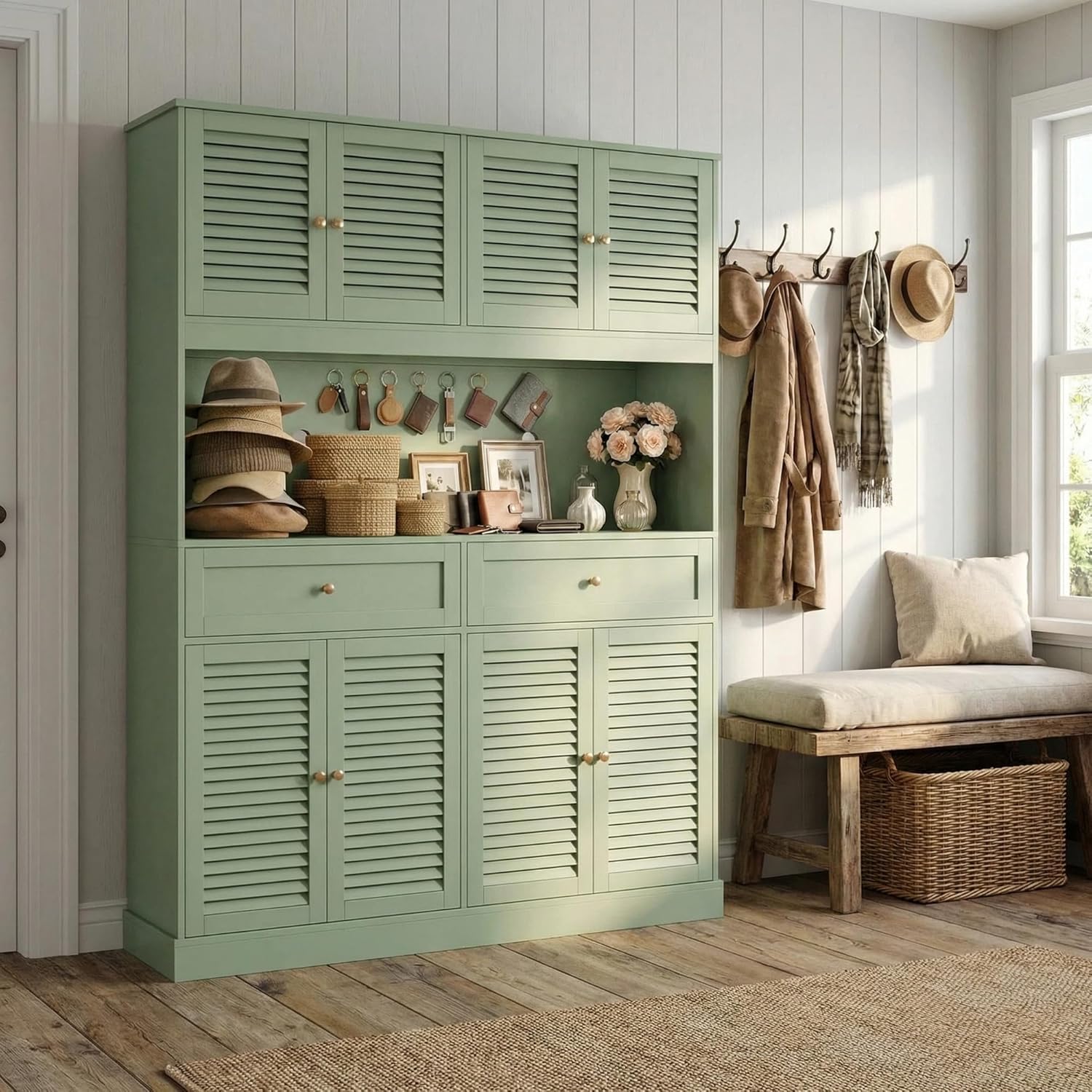HIFIT 71“HX55“W Large Pantry Cabinet for Food Storage, Farmhouse Kitchen Hutch with Storage Drawers, Tall Kitchen Pantry Cabinet with Microwave Stand for Dining Living Room, Green