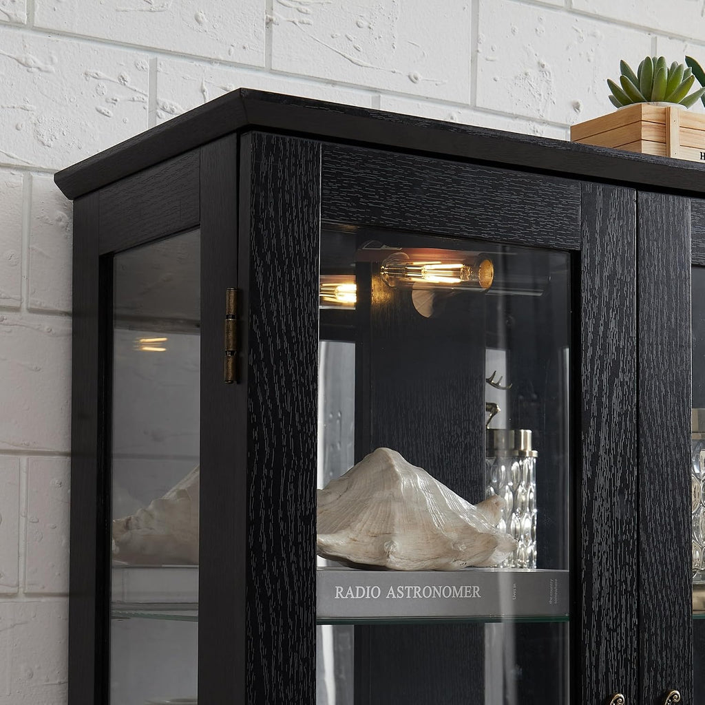 47" Lighted Glass Accent Curio Cabinet, 3-Tier Antique Storage Cage with Adjustable Shelves & Drawer, Acrylic Mirrored Pane, Light Blub Included, Small China Cabinet for Living Room/Kitchen (Black)