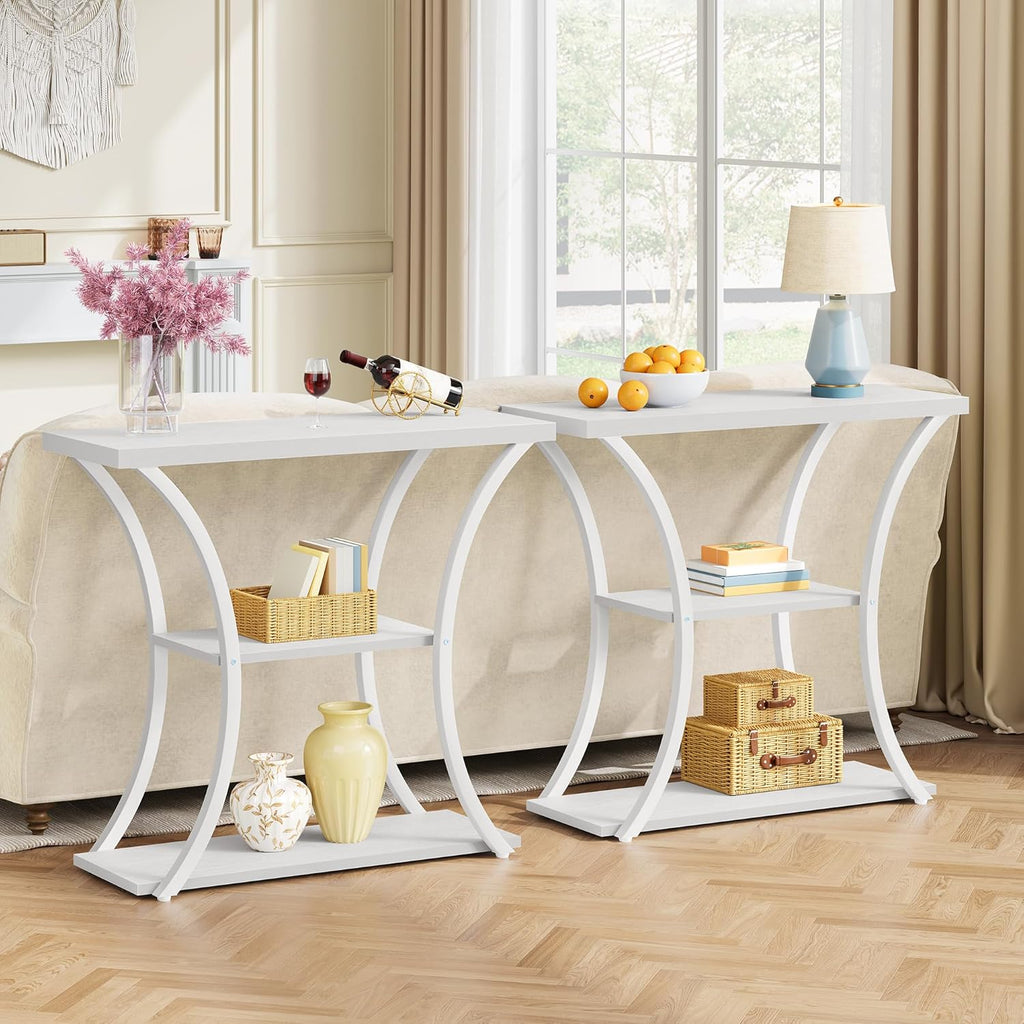 Hoctieon 3 Tier Console Table with Open Wood Shelves, Decorative Entryway Table with Curved Metal Frames, Narrow Sofa Table for Entrance, Living Room, Hallway, White