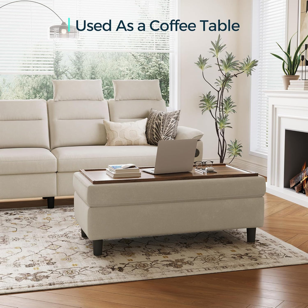 LINSY HOME 46 Inches Wide Storage Ottoman Bench, Linen Coffee Table Folding Long Shoes Bench Footstool, Storage Chest, Foot Rest Stool, for The Living Room, Entryway and Family Room(Beige)
