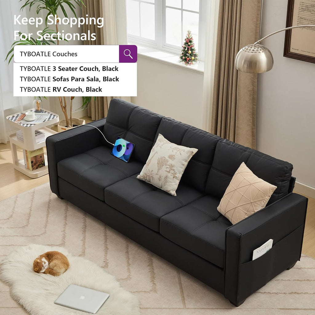 TYBOATLE 88" W Faux Leather Couches w/USB, Tufted Mid-Century Modern Comfy Black Leather Couch w/Side Pockets and Wider Arms for Living Room, 3 Seater Leathe Sofa for Office, Apartment, Bedroom