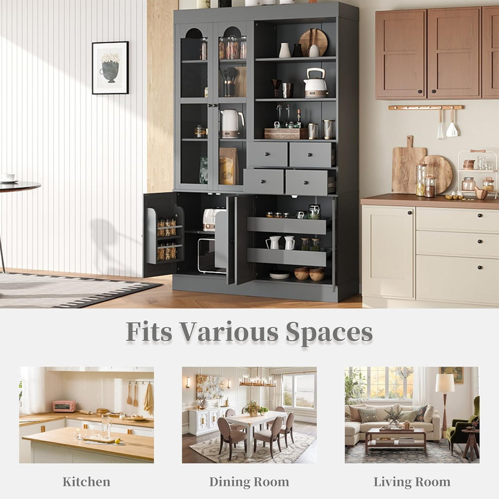 roomfitters 75 Inch Tall Kitchen Pantry Buffet Hutch with 4 Drawers and Glass Doors, Shaker Style, Gray