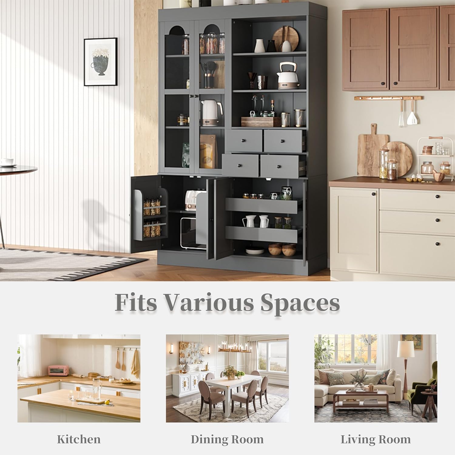 roomfitters 75 Inch Tall Kitchen Pantry Buffet Hutch with 4 Drawers and Glass Doors, Shaker Style, Gray