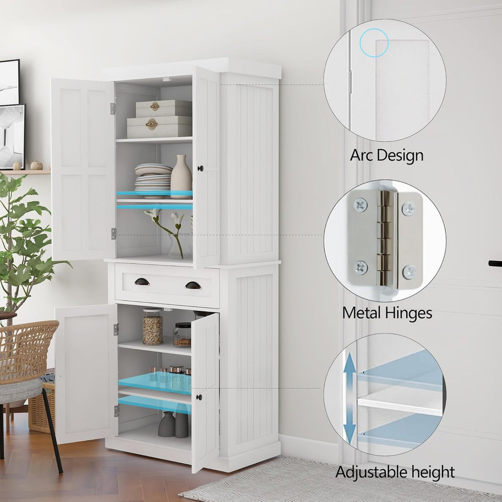 RASOO 70.87" Hutch Cabinet with Storage Freestanding White Pantry Storage Cabinet with 1 Drawer and 4 Doors, 3 Adjustable Shelves Inside of The Buffet Cabinet