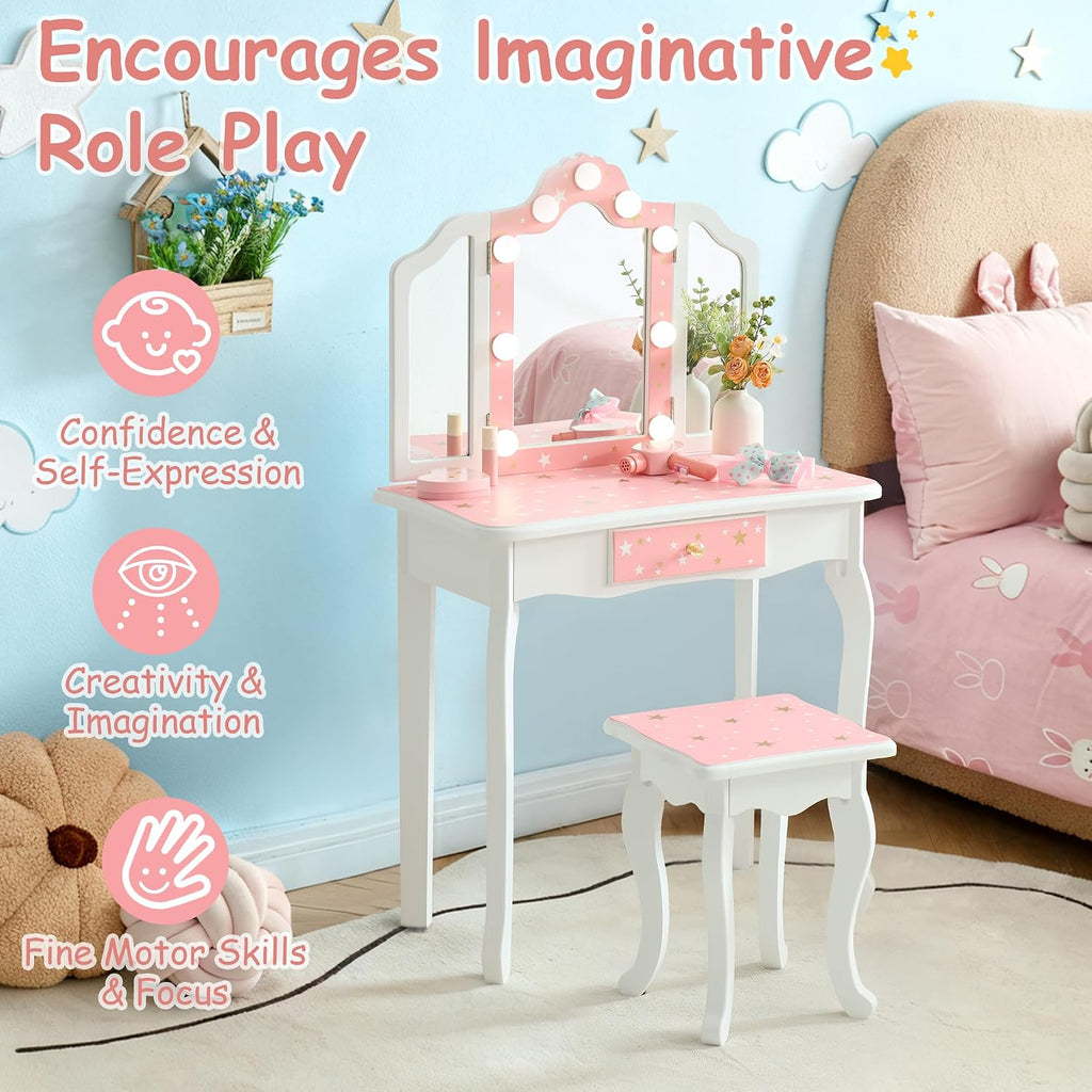 Kids Vanity with Lights, Princess Girls Vanity Set with 3-Color LED Lighted, 2 in 1 Wooden Toddler Vanity Table & Chair Set Mirror and Stool for Little Girls