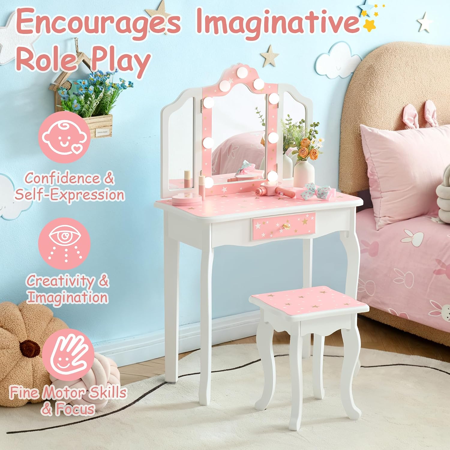 Kids Vanity with Lights, Princess Girls Vanity Set with 3-Color LED Lighted, 2 in 1 Wooden Toddler Vanity Table & Chair Set Mirror and Stool for Little Girls