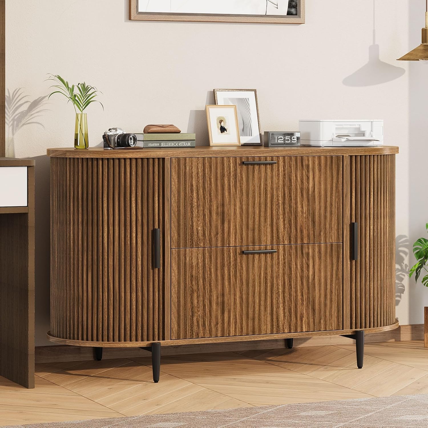 SEDETA Fluted 2 Drawer File Cabinet with 2 Sliding Door for Home Office | 39.4" Filing Cabinet for Home Office,fit Legal/Letter/A4 Siz,Modern File Cabinet with 2 Drawers,Printer Stand,Brown