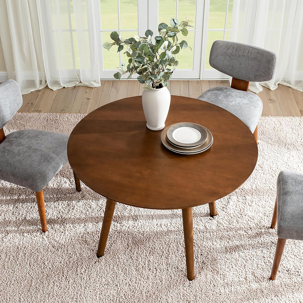 HULALA HOME Round Dining Table for 4, 45” Solid Wood Kitchen Table, Small Dinner Coffee Writing Table for Kitchen Dining Room, Save Space, Walnut