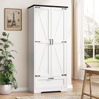 Vongrasig Kitchen Pantry Storage Cabinet with Barn Doors, Drawer and Adjustable Shelves, 4-Tier Tall Rustic Wood Cupboard Locker for Kitchen, Dining Room, Living Room, Bathroom, (White)