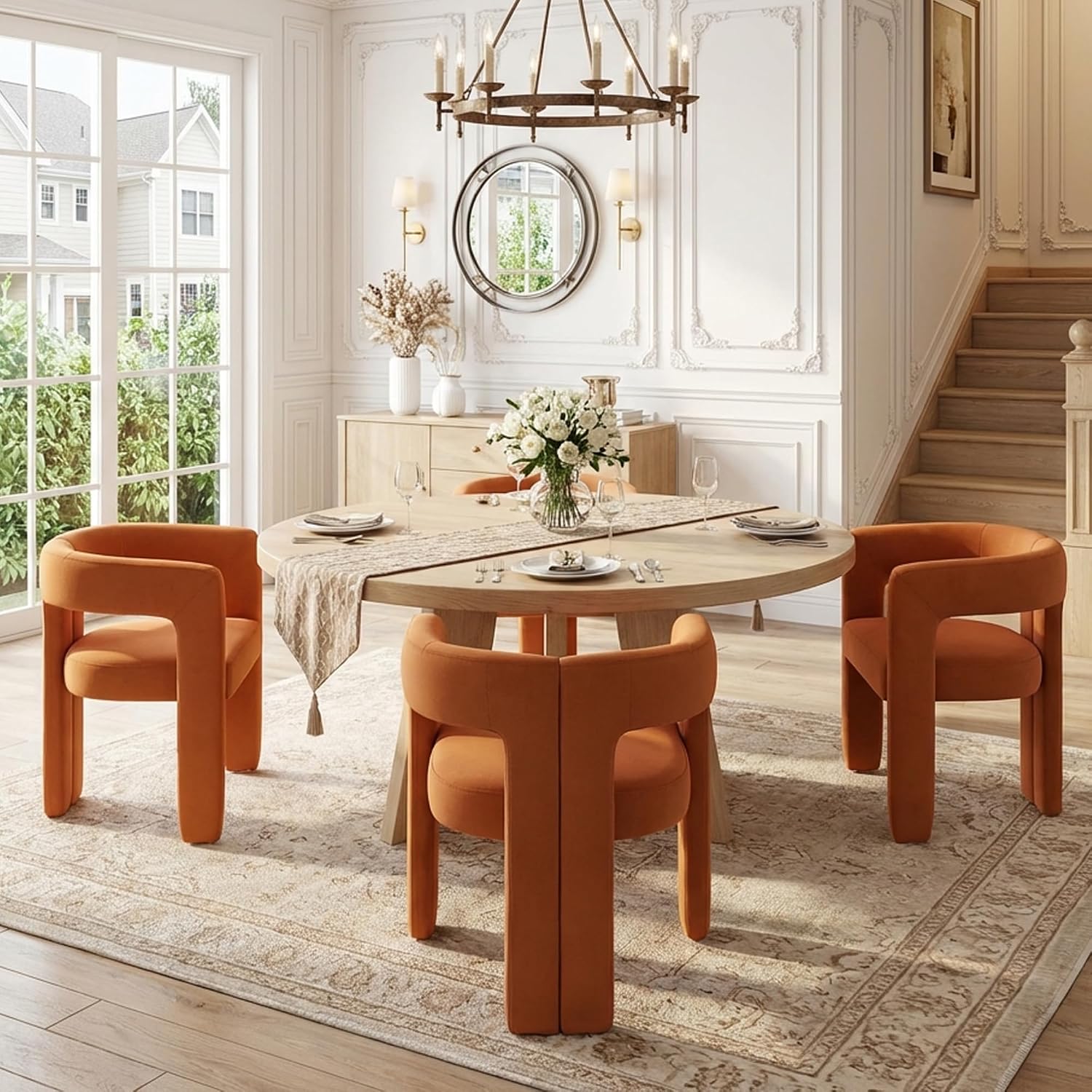 VESCASA Modern Barrel Dining Chairs Set of 4 with Open Back, Orange Velvet | Comfortable Upholstered Dining Room Chairs, Sturdy Solid Wood Legs, Accent Kitchen Armchairs for Living Room, Home, Apartment