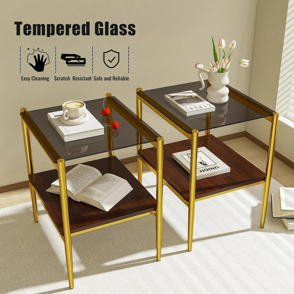 ODUSE-DAILY Coffee Table and End Table 3 Piece Living Room Set, Gold Metal Frame Glass Top End Tables, Square Top Shelf, Sofa or Couch Side Tables, Mesa de Centro para Sala (3 Pcs)
